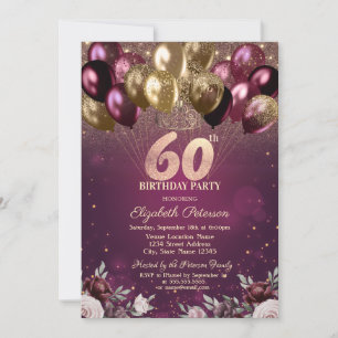Burgundy Glitter Balloons Flowers 60th Birthday  Invitation