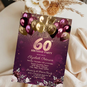 Burgundy Glitter Balloons Flowers 60th Birthday  Invitation