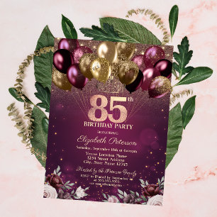 Burgundy Glitter Balloons Flowers 85th Birthday  Invitation
