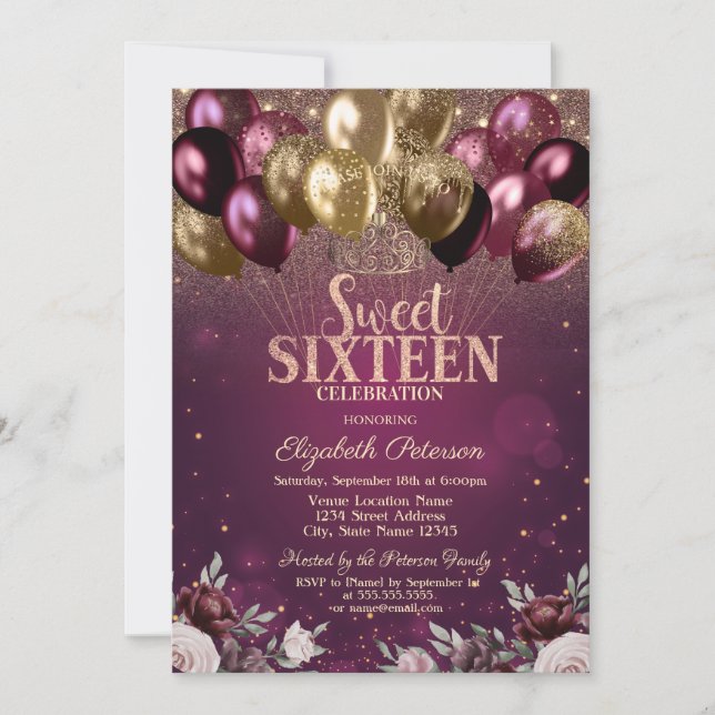 Burgundy Glitter Balloons Flowers Sweet 16 Invitation (Front)
