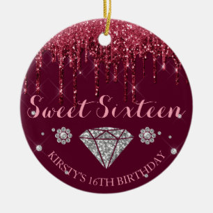 Burgundy Glitter Drip Diamond Sweet Sixteen Ceramic Ornament