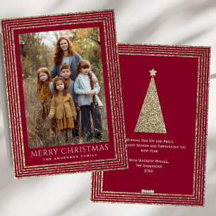 Burgundy Glitter Modern Christmas Tree Photo Holiday Card