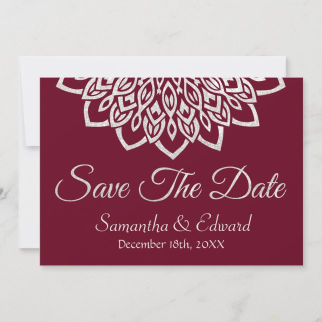 Burgundy Glitter Silver Elegant Save the Date Card (Front)