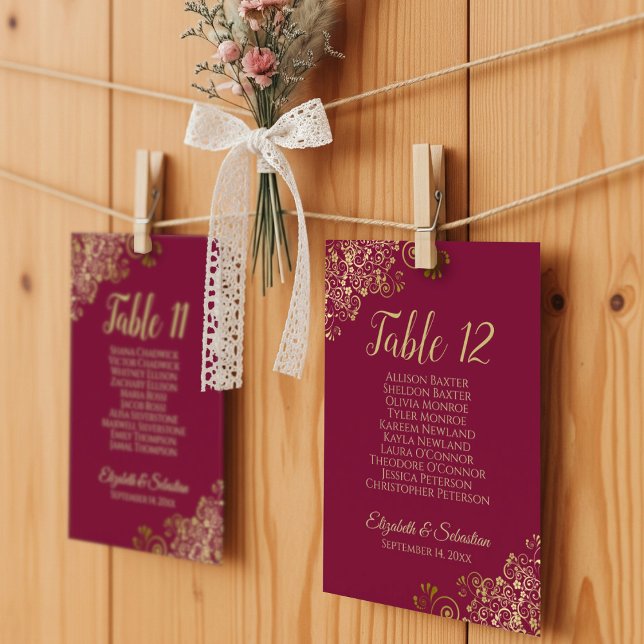 Burgundy & Gold 10 Name Wedding Seating Chart Card (Use these cards to create your own seating chart display!)