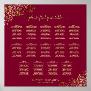 Burgundy & Gold 14 Table Wedding Seating Chart
