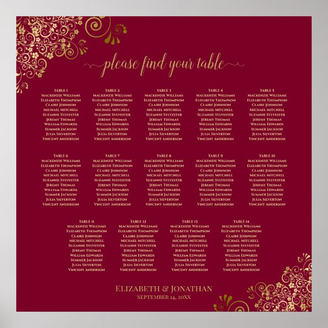 Burgundy & Gold 14 Table Wedding Seating Chart (Front)