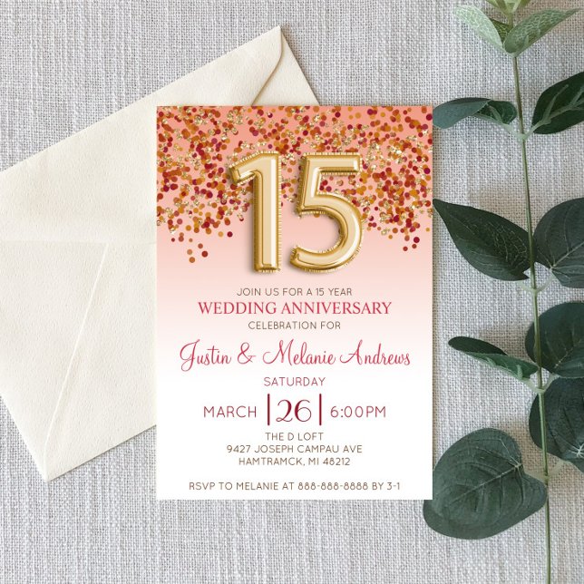Burgundy Gold 15th Wedding Anniversary Invitation (Creator Uploaded)