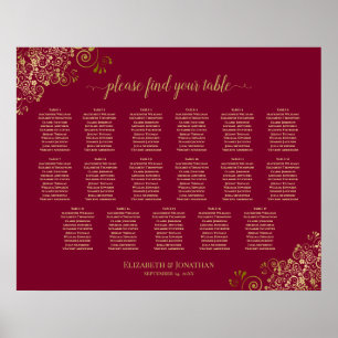 Burgundy & Gold 17 Table Wedding Seating Chart