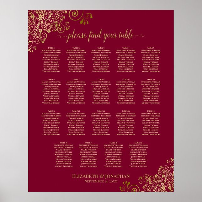 Burgundy & Gold 19 Wedding Table Seating Chart (Front)