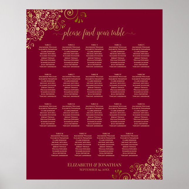 Burgundy & Gold 19 Wedding Table Seating Chart (Front)