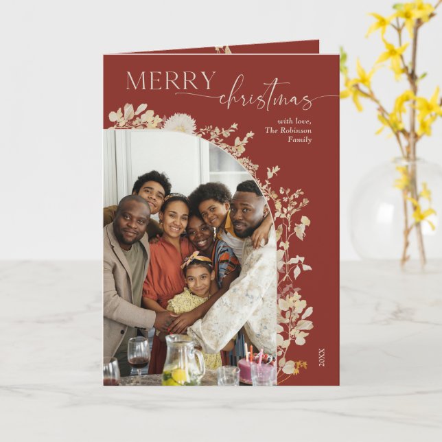 Burgundy Gold 1 Photo Christmas Card (Yellow Flower)