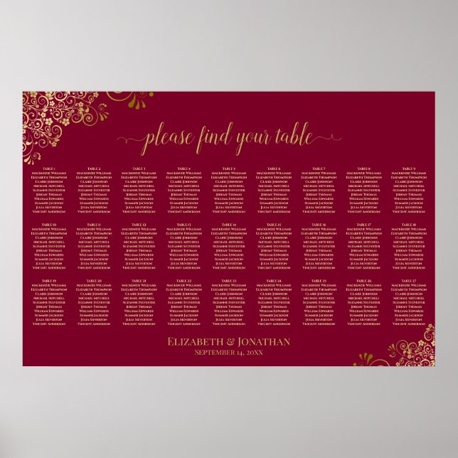 Burgundy & Gold 27 Table Wedding Seating Chart (Front)