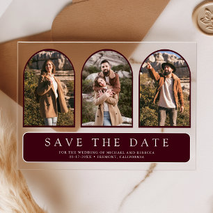Burgundy Gold 3 Photo Wedding Save the Date Acrylic Invitations