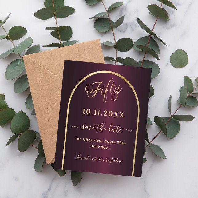 Burgundy gold 50th birthday save the date card (Creator Uploaded)