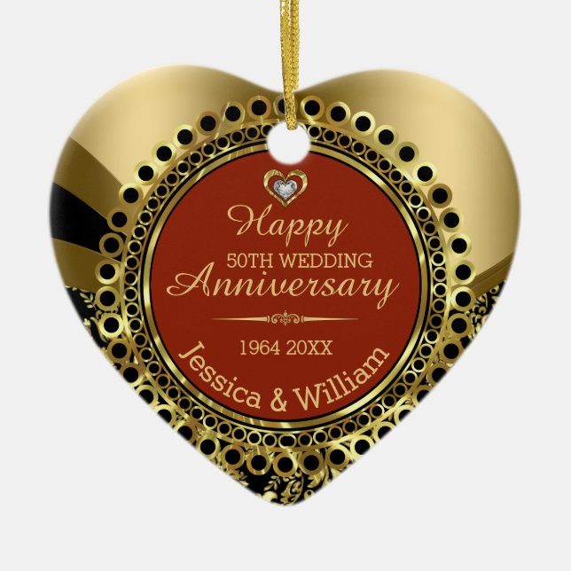 Burgundy & Gold 50th Wedding Anniversary Ceramic Ornament (Front)