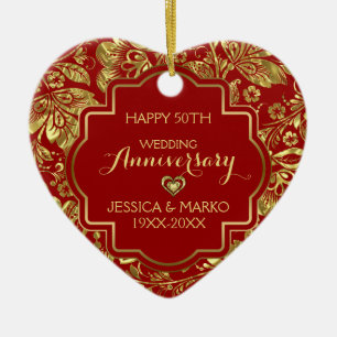Burgundy & Gold 50th Wedding Anniversary Ceramic Tree Decoration