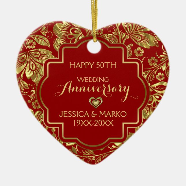 Burgundy & Gold 50th Wedding Anniversary Ceramic Tree Decoration (Front)