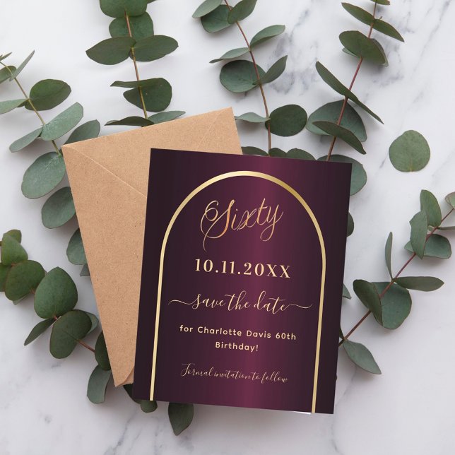 Burgundy gold 60th birthday budget save the date flyer (Creator Uploaded)