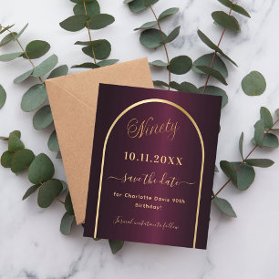 Burgundy gold 90th birthday budget save the date flyer