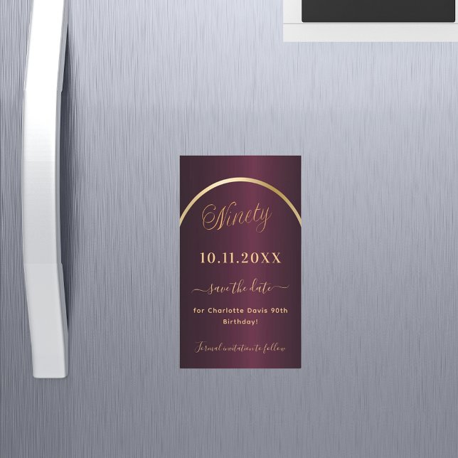 Burgundy gold 90th birthday Save the Date magnet (Creator Uploaded)