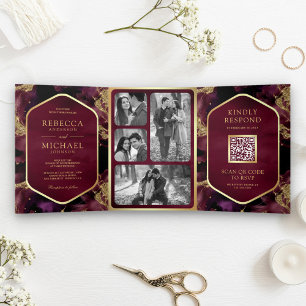 Burgundy Gold Abstract Fluid Ink QR Code Wedding Tri-Fold Invitation