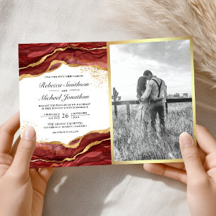 Burgundy Gold Abstract Ink QR Code Wedding Invitation