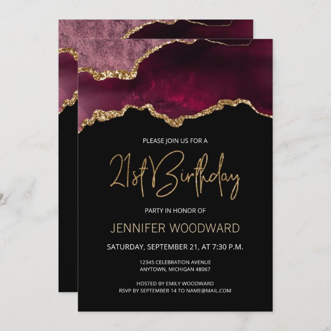 Burgundy Gold Agate 21st Birthday Party Invitation (Front/Back)