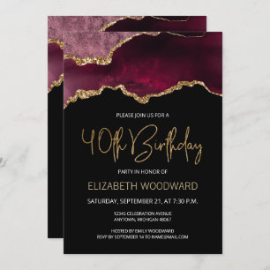 Burgundy Gold Agate 40th Birthday Party Invitation