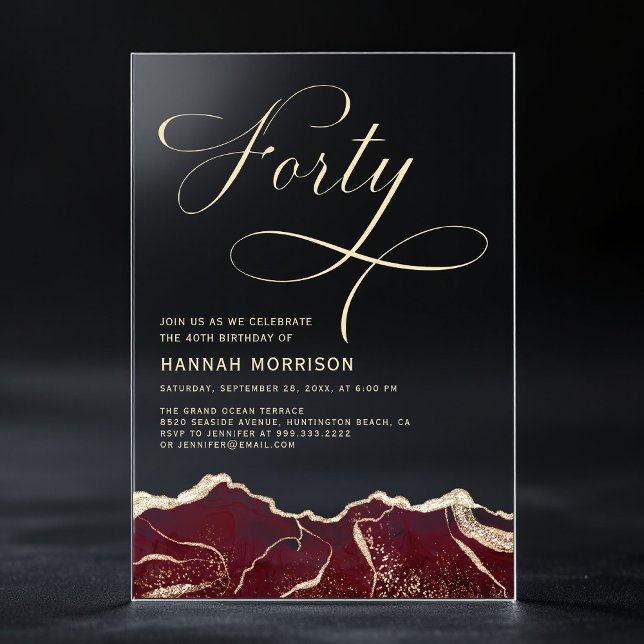 Burgundy Gold Agate 40th Forty Birthday Party Acrylic Invitations (Creator Uploaded)
