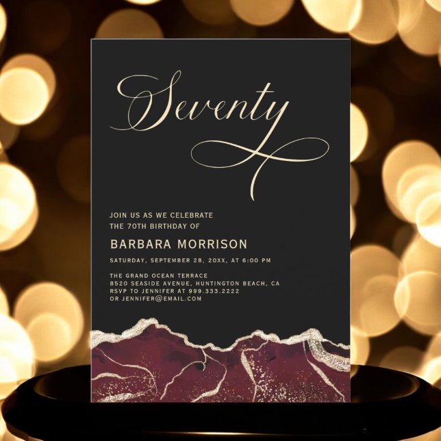 Burgundy Gold Agate 70th Seventy Birthday Party Invitation (Creator Uploaded)