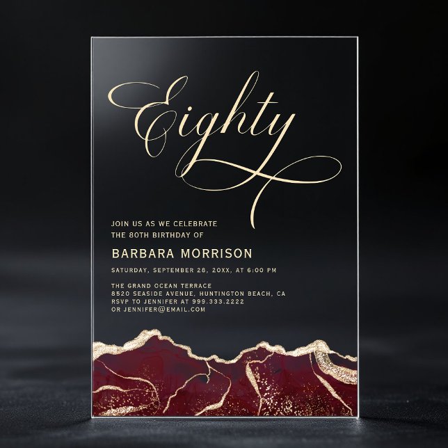 Burgundy Gold Agate 80th Eighty Birthday Party Acrylic Invitations (Creator Uploaded)