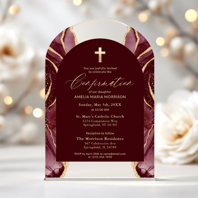 Burgundy Gold Agate Confirmation Modern Elegant Acrylic Invitations (Creator Uploaded)