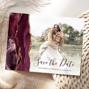 Burgundy Gold Agate Custom Photo Save the Date Postcard