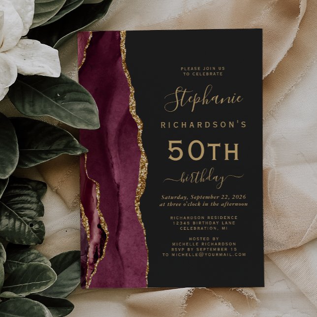 Burgundy Gold Agate Dark 50th Birthday Party Invitation (Creator Uploaded)