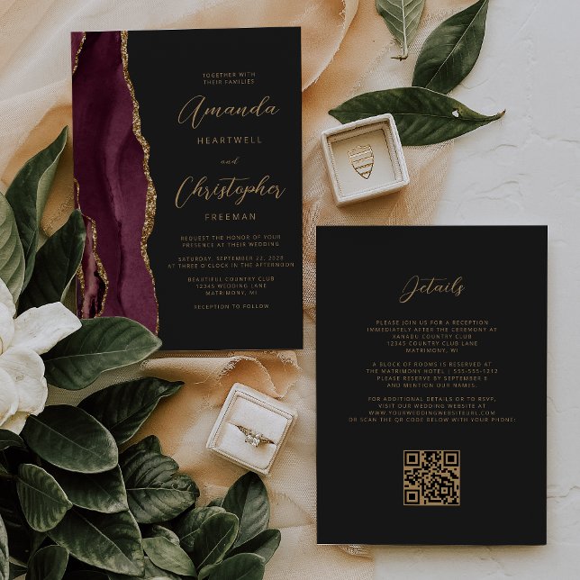 Burgundy Gold Agate Dark QR Code Wedding Invitation (Creator Uploaded)