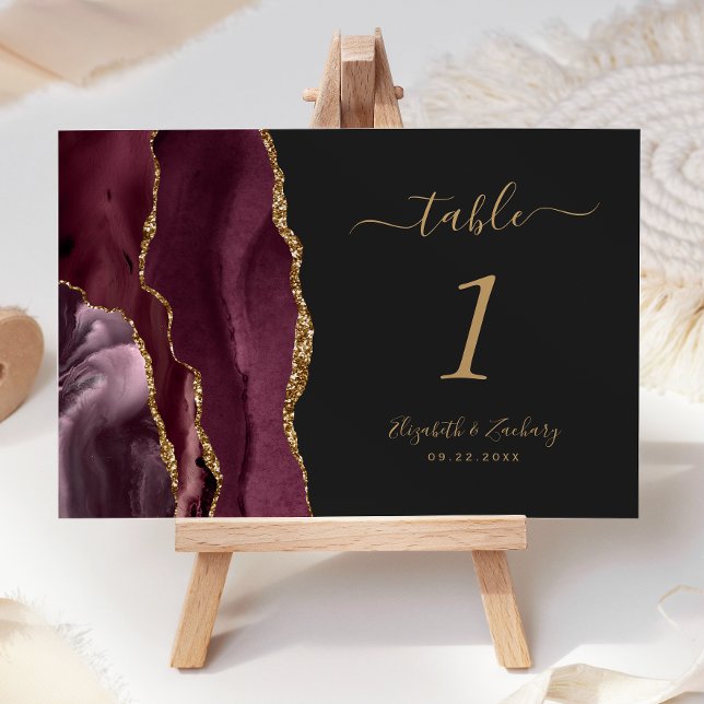 Burgundy Gold Agate Dark Wedding Table Number (Creator Uploaded)