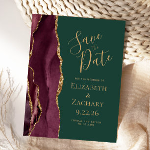 Burgundy Gold Agate Emerald Green Save the Date Announcement Postcard