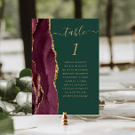Burgundy Gold Agate Emerald Green Wedding Table Number<br><div class="desc">The left-hand edge of this elegant modern wedding table number card features a burgundy red watercolor agate border trimmed with faux gold glitter. The word "table" appears in gold-coloured handwriting script on an emerald green background. Add the names of your guests who are assigned to each table.</div>