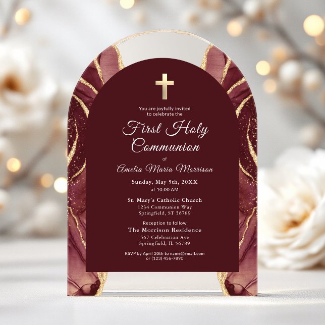 Burgundy Gold Agate First Holy Communion Girl Acry Acrylic Invitations (Creator Uploaded)