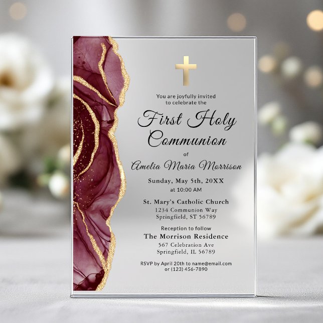 Burgundy Gold Agate First Holy Communion Girl Acrylic Invitations (Creator Uploaded)