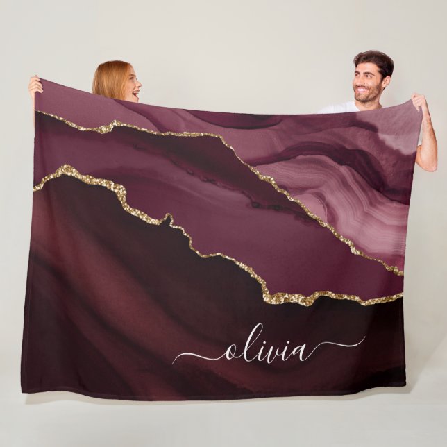 Burgundy Gold Agate Geode Gold Monogram Fleece Blanket (In Situ)