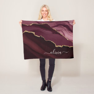 Burgundy Gold Agate Geode Gold Monogram Fleece Blanket