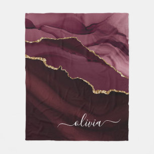 Burgundy Gold Agate Geode Gold Monogram Fleece Blanket