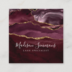 Burgundy Gold Agate Geode Monogram Elegant Script Square Business Card
