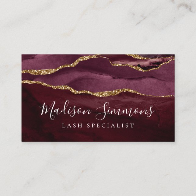  Burgundy Gold Agate Geode Monogram Girly Script Business Card (Front)