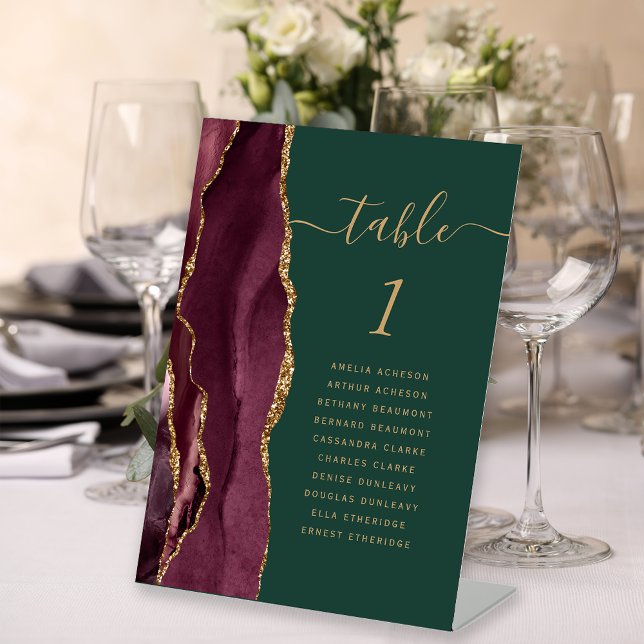 Burgundy Gold Agate Green Wedding Table Number Pedestal Sign (Creator Uploaded)