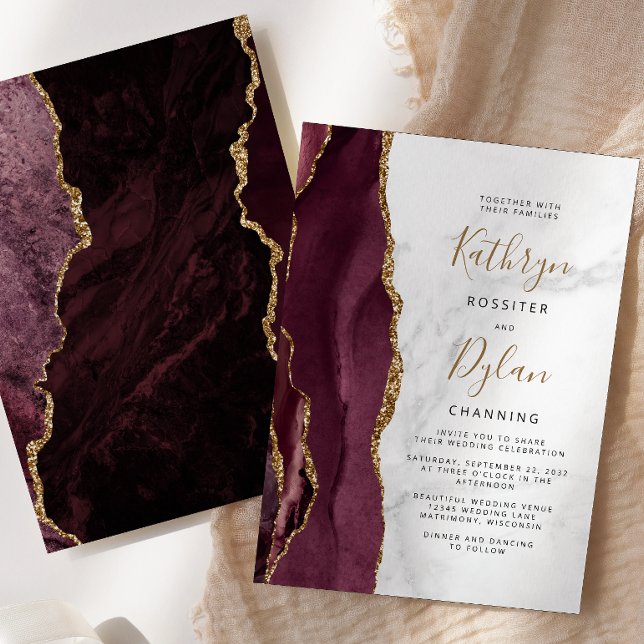 Burgundy Gold Agate Grey Marble Wedding Invitation (Creator Uploaded)