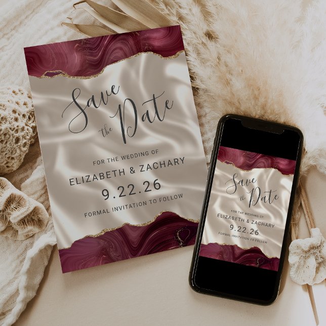 Burgundy Gold Agate Ivory Silk Save the Date (Creator Uploaded)