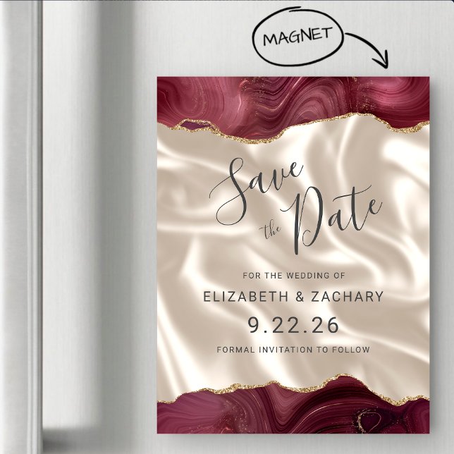 Burgundy Gold Agate Ivory Silk Save the Date Magnetic Invitation (Creator Uploaded)
