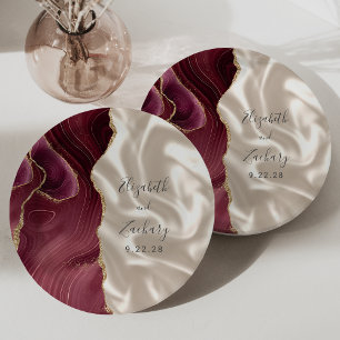 Burgundy Gold Agate Ivory Silk Wedding Paper Plate